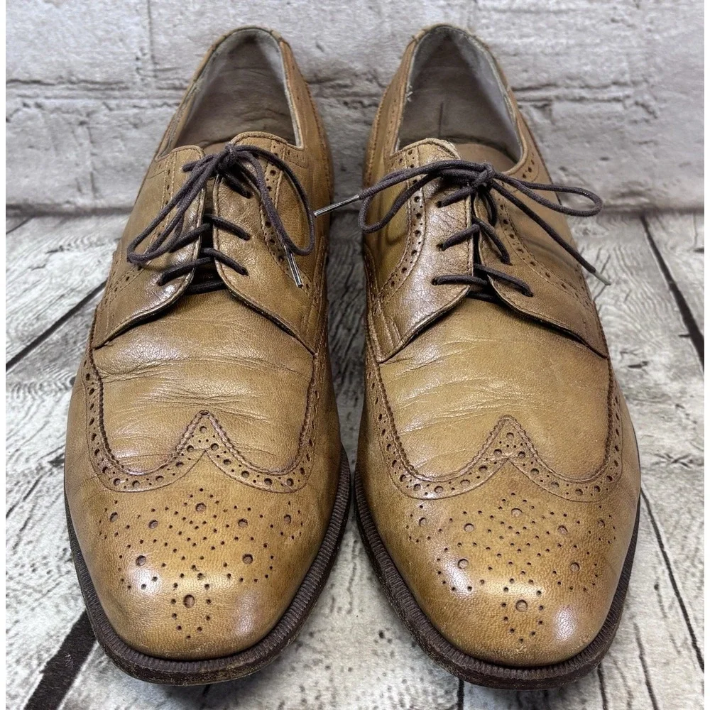 Salvatore Ferragamo Men's Tan Leather Wingtip Oxford Brogue‎ Shoes 8.5D Italy